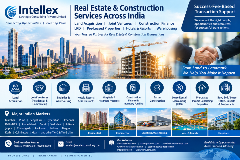Real Estate & Construction Services Across India | Land Acquisition, Joint Ventures, Construction Finance, LRD, Pre-Leased Properties, Hotels & Warehousing